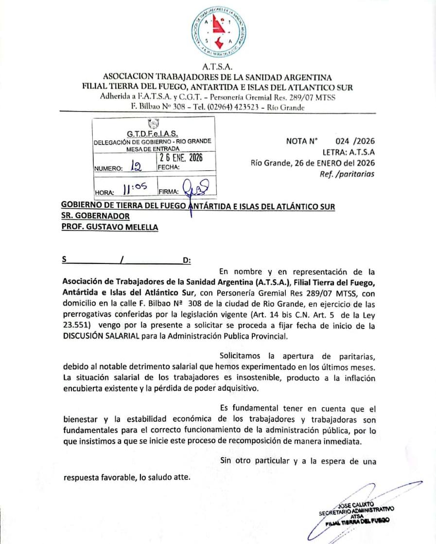 A.T.S.A. solicitó al Gobierno provincial la apertura de paritarias ante el deterioro salarial