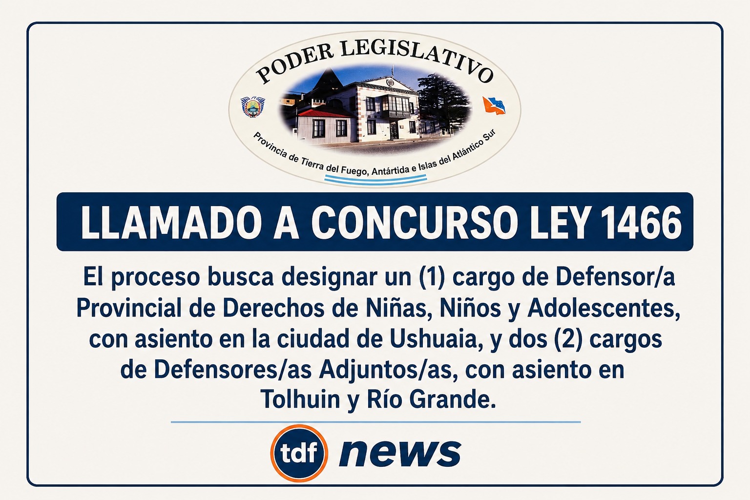 La Comisión Evaluadora ad hoc creada por la Ley Provincial Nº 1466 lanzó el llamado a concurso abierto de oposición y antecedentes para cubrir cargos vinculados a la defensa de los derechos de niñas, niños y adolescentes en la provincia de Tierra del Fuego.